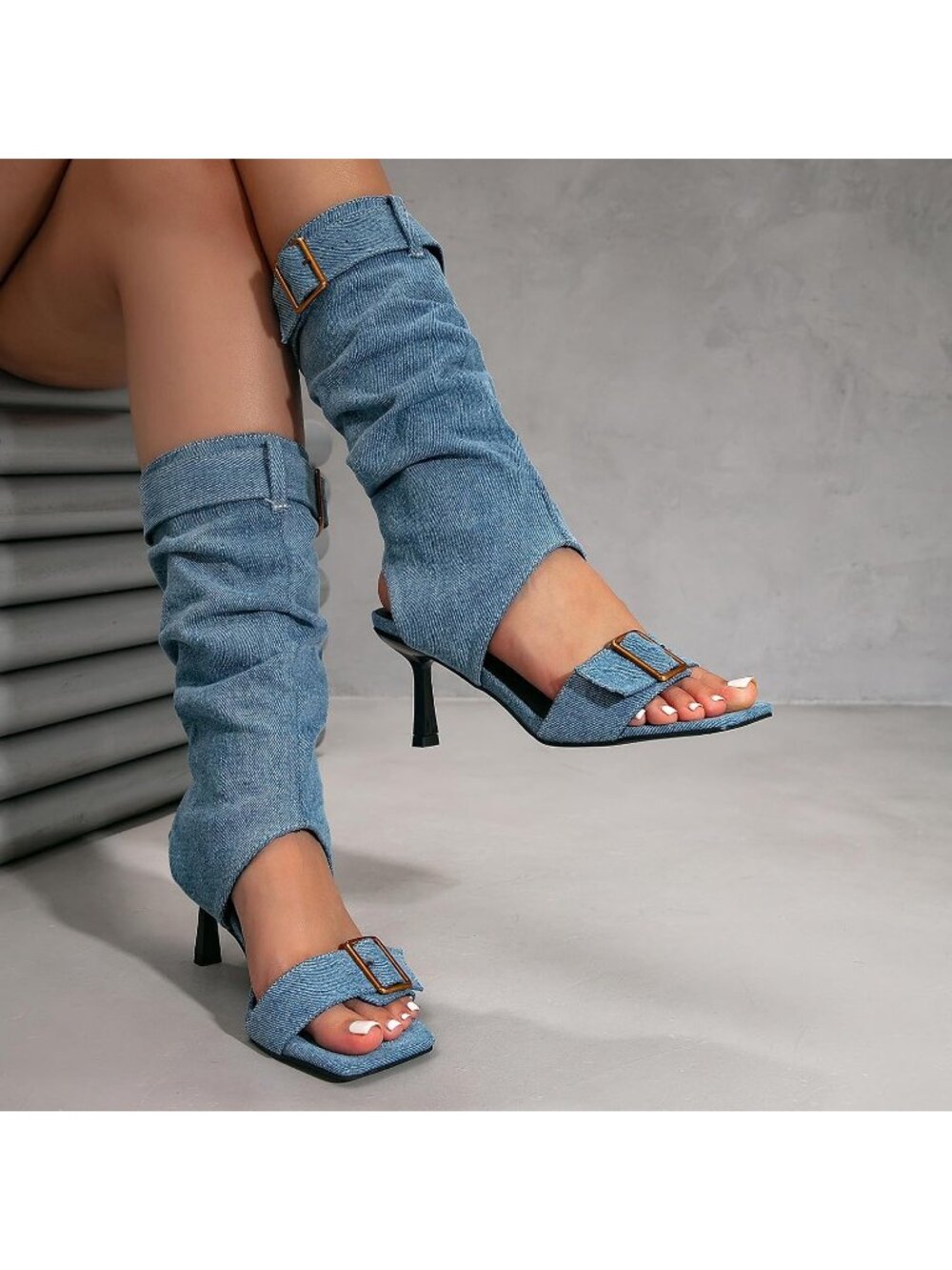 Women's Blue Faux Suede Belt Buckle Vintage Square Open Toe Slingback Low Heels - Picture 7 of 7